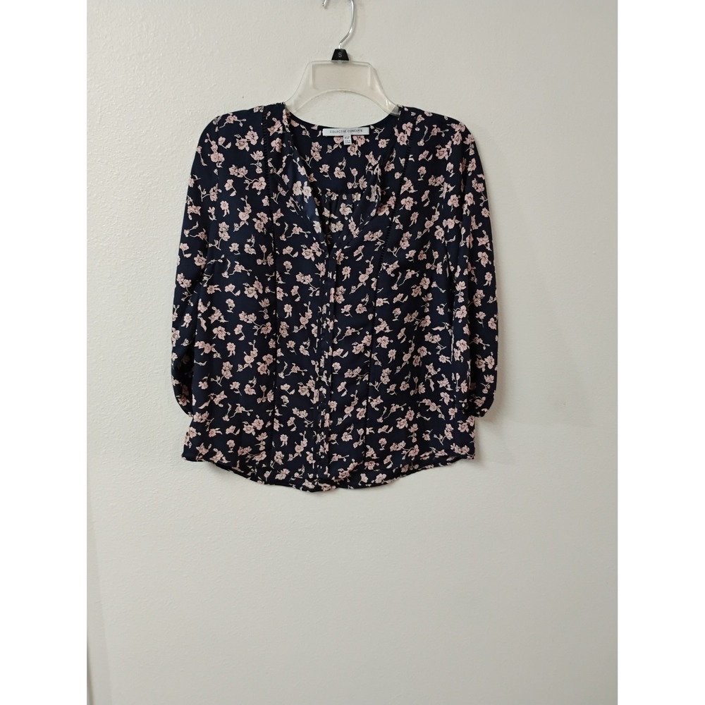 Collective Concepts Navy Blue Pink Floral V-Neck Blouse Top XSP Petite